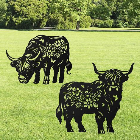 Piquets décoratifs de jardin en forme de vache des Highlands, lot de 2, en métal. Décoration de jardin avec motifs de vaches, fleurs et papillons. (1/5)