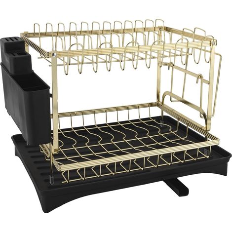 Égouttoir à vaisselle, en acier inoxydable, égouttoir vaisselle 2 niveaux, assiette et planche découper (noir + doré) -'Parent'-'- (1/5)