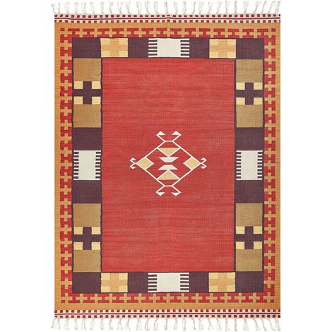 Tappeto Kilim in cotone tessuto a mano reversibile con motivo geometrico e nappe multicolore 160 x 230 cm Parakar