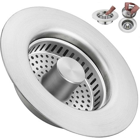 Crépine d'évier 3 en 1 en acier inoxydable, bouchon escamotable avec panier anti-obstruction pour bonde standard américaine de 3-1/2 pouces. (1/5)