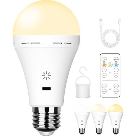 USB C Ampoule Rechargeable Avec Télécommande, 7W LED Batterie, E27 Tactile Dimmable Avec Fonction de Synchronisation, Extérieur Camping Ampoule De Secours Avec Crochet,3000k/2 pack (1/5)