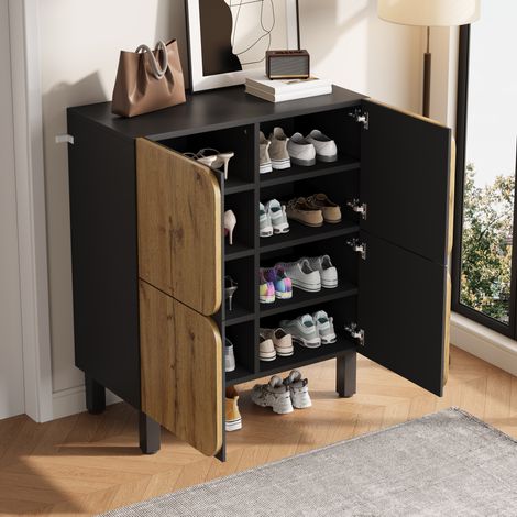 Meuble à chaussures entrée, 4 portes, étagères réglables, 80x38,5x95 cm, MDF noir et naturel (1/5)