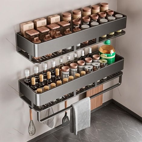 Étagère à épices murale, lot de 2 organisateurs à épices en métal, gris, étagère de cuisine sans perçage avec 5 crochets, porte-épices, étagère murale à suspendre pour cuisine, 40 cm (1/5)