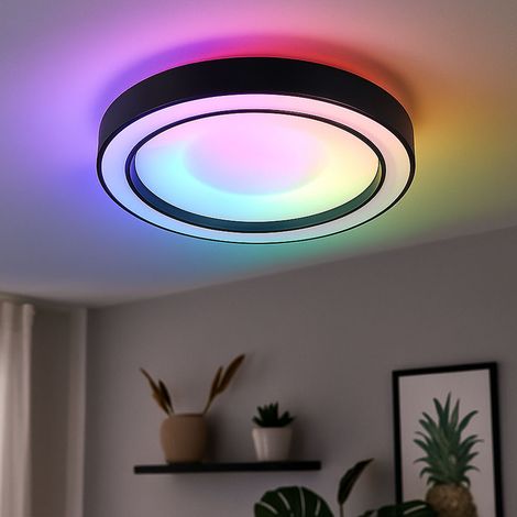 Plafonnier avec télécommande Plafonnier dimmable Lumière du jour rond noir, CCT RGB changement de couleur, LED 22W 2500Lm, DxH 40x7,5 cm (1/5)