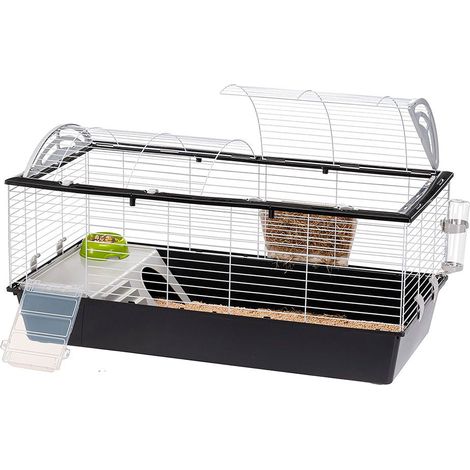 Ferplast – Cage à lapin 119x58x61cm – Bac à litière séparé – Ouverture facile – Équipement inclus : plateforme, abreuvoir, mangeoire à foin