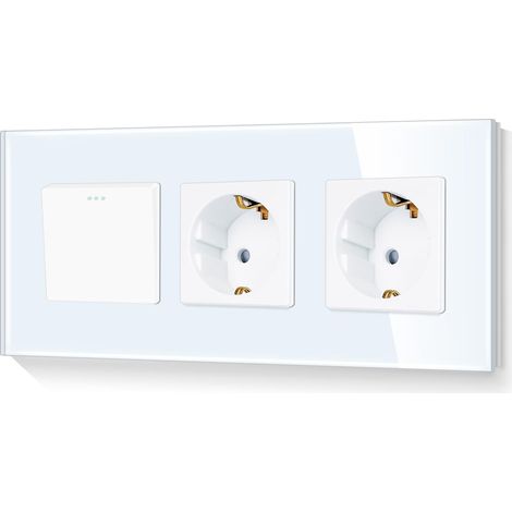 Interrupteur d'éclairage 1 compartiment 1 voie avec double prise marche/arrêt avec sécurité enfant Cadre en verre Blanc 3 compartiments 110-250 V 228 mm (1/5)