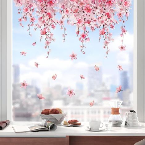 Fleur Cerisier Stickers Fenetre Fleurs Roses Autocollant Fenetre Suspendues Printemps Appliques Sticker Fenetre Réutilisables de Porte Vitre Fenêtre en Verre Antistatique Double Face (1/5)