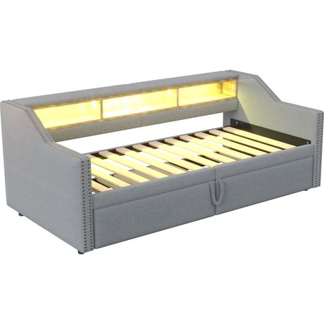 Ausziehbares Polster-Tagesbett 90/180 x 200 cm hellgrau mit LED, USB und Lattenrost (1/5)