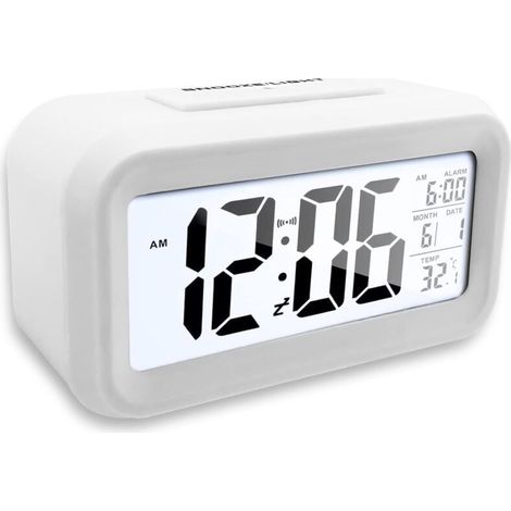 Battery-operated digital alarm clock with large screen, LED alarm clock with snooze function, portable battery-operated digital clock with temperature, date, for bedroom, office, white MUMU (1/4)