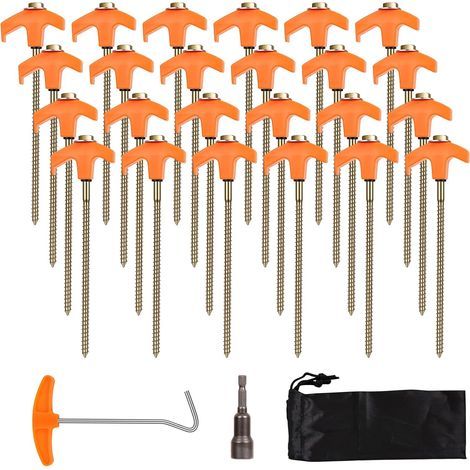24 Piquet De Tente A Visser, Acier Galvanisé 20,5cm, Avec Rondelle Et Extracteur, Pour Camping Randonnée (1/5)