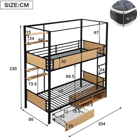 Etagenbett 90×200 cm, Einzelbett mit Seitenablagen, Schubladen und Stauraum unter dem Bett, ohne Matratze (1/4)