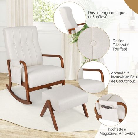 Bascule Fluide et Rangement Intégré Fauteuil à Bascule avec Repose-Pieds Chaise Relax Ergonomique Bois Beige (1/5)