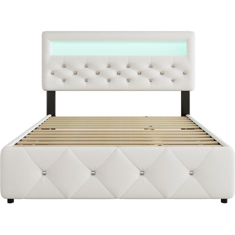 Cama doble tapizada 140 x 200 cm con cama nido y 2 cajones, LED, blanca (1/5)