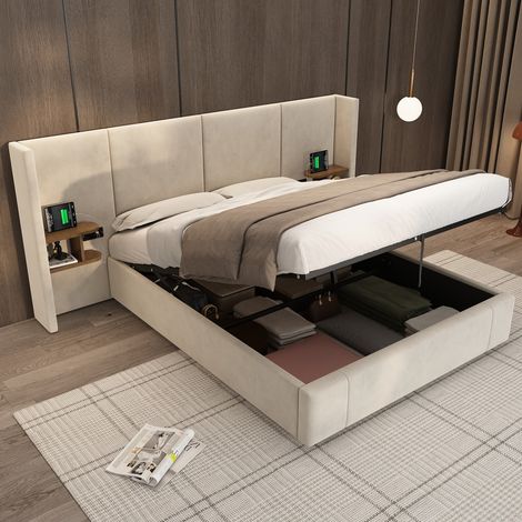 Lit double 160x200 capitonné velours beige - Sommier à ressorts hydraulique avec USB/prises - 2 Tables de chevet incluses (sans Matelas) (1/5)