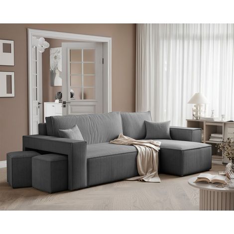 Ecksofa Schlafsofa Sofa ADARA inkl. Hocker Stoff Poso Grau Ottomane Rechts