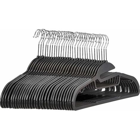 Lot de 10 cintres en plastique antidérapants ultra résistants avec caoutchouc et barre horizontale, noir (1/5)