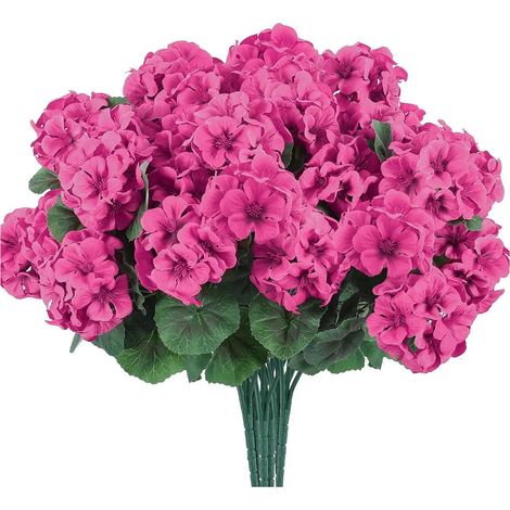 1/6/12 fleurs de géranium artificielles à feuilles vertes, réalistes, en soie artificielle résistante aux UV, convenant à une utilisation intérieure et extérieure, jardin, terrasse et balcon. (1/5)