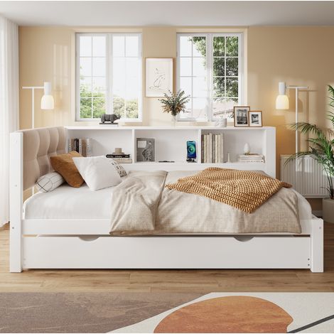 MEUBLIV Letto 90x200 cm bianco – con letto estraibile, LED e USB, senza materasso (1/5)