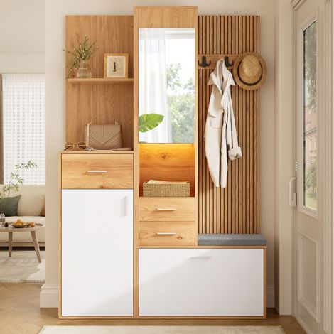 Guardaroba da ingresso 120x32x178 cm, multifunzione con specchio, panca, LED, cassetti, MDF e truciolare bianco naturale (1/5)