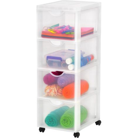 Tour de rangement à Roulettes en Plastique, 4 Grands Tiroirs, Blanc, Ouverture Facile, Meuble de Rangement, Papeterie, pour Chambre, Salle de Bain, École (1/5)