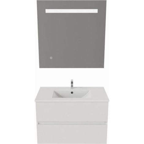 Meuble salle de bain 80 cm ROSALY avec plan vasque et miroir Elégance ht80- Blanc- Plan vasque en Céramique (1/5)