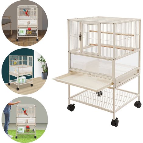 Grande cage à oiseaux 48,5 x 46 x 83 cm, volière avec 2 perchoirs, cage à perroquets avec freins, cage à perruches avec 2 mangeoires, bac à litière intégré (1/5)