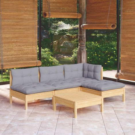 Salon de jardin 5 pcs avec coussins gris bois de pin (1/5)