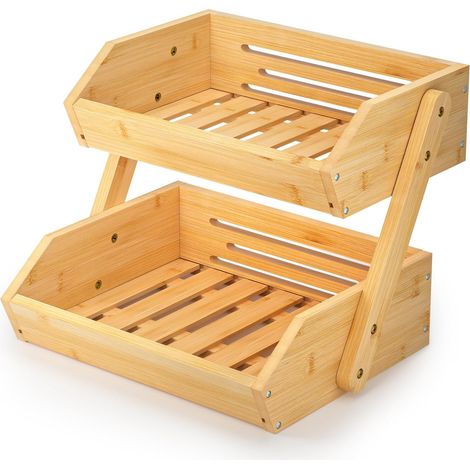 Support de Corbeille à Fruits en Bambou à 2 étages, Support à Panier de Fruits Rangement pour les légumes pour plan de travail de cuisine pour Fruits, Légumes, Pain, collation (1/5)