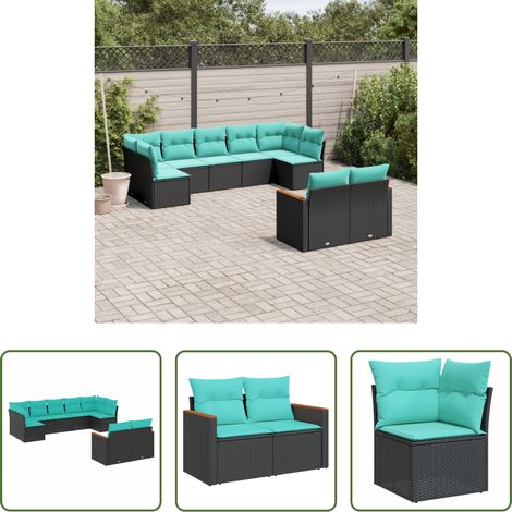 Gartenmöbel -  9-teiliges Gartensofa-Set mit Kissen, schwarzes Polyrattan (1/5)