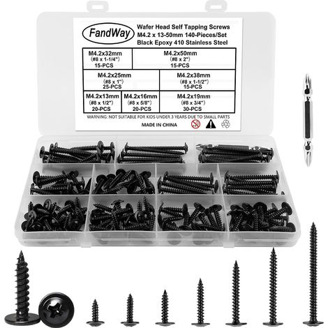 140 Pièces Vis Autotaraudeuses Noir,M4,2x13 à 50 mm Vis à Bois en Acier Inoxydable 410 Vis à Tôle et Autotaraudeses Cruciforme Tête Ronde Large Bombé avec 1 Bits pour Aluminium Bois Plastique. (1/5)