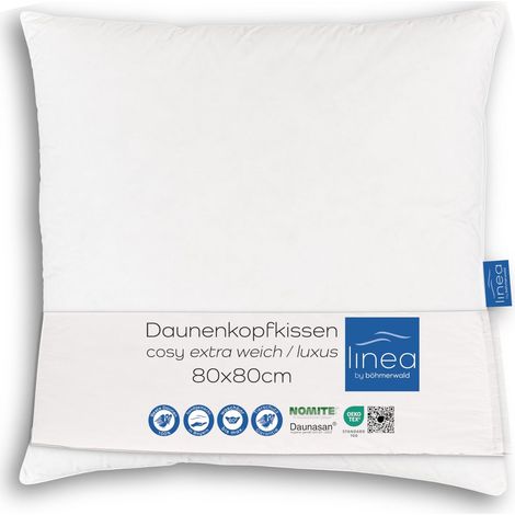 Cosy - Oreiller Très Souple, 80 x 80 cm, 100% Duvet Blanc Neuf, Convient aux Personnes Allergiques, Lavable à 60 °C, Fabriqué en Allemagne (1/5)