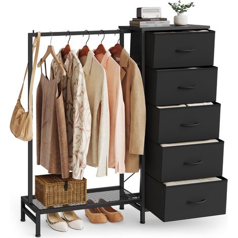 Commode Chambre, Portant à Vêtements avec 5 Tiroirs, Meuble de Rangement, Tringle, Étagère Chaussure, 96,2 x 30 x 117,7 cm, pour Chambre, Entrée, Noir d'encre (1/5)