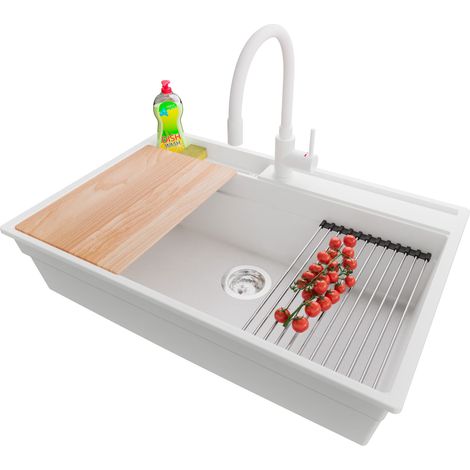 PRIMAGRAN Evier Cuisine en Granit 78x53cm,Lavabo 1 bac + Robinet 38x14cm + Kit de Vidage + Accessoires, Évier à Encastrer au meuble 80cm - Oslo Pocket, Blanc (1/5)