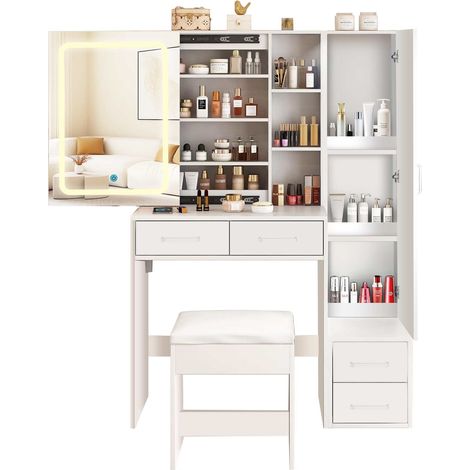 Coiffeuse avec miroir LED coulissant, tabouret, support sèche-cheveux et prises USB, blanc