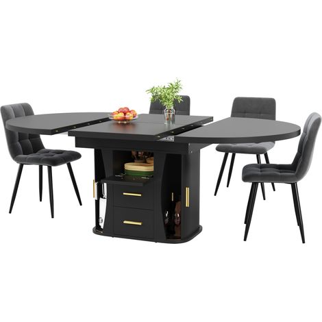 Table à manger extensible ronde en ovale, avec rangement intégré, 118 à 158 cm, 6 places, MDF noir, pour salle à manger, salon ou bureau CHICFURN (1/5)