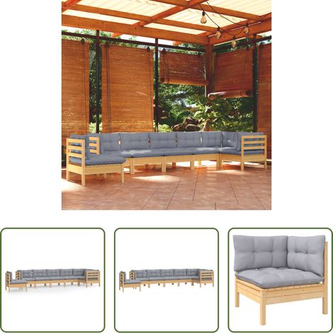 Gartenmöbel - 8-tlg. Garten-Lounge-Set mit Grauen Kissen Kiefer Massivholz (1/5)
