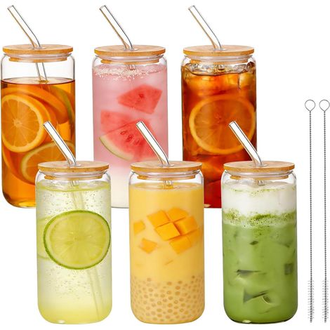 6 Pièces Verre, 500ml, Couvercle Bambou, Paille Verre, Joint Silicone, pour Smoothie, Café, Cocktail (1/5)