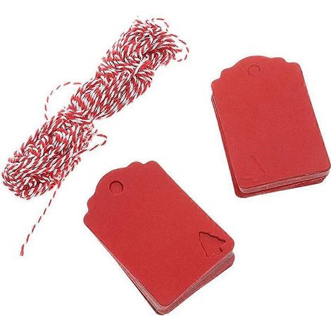 100 étiquettes décoratives rouges pour sapin de Noël avec corde de chanvre de 10 m, en papier kraft, pour cadeaux.-Red (1/2)