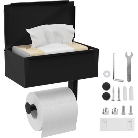 Noir Porte Rouleau Papier ToiletteAuto-Adhésif, Support Papier Toilette avec Boîte à Lingettes Humides, Porte Papier Toilette Mural pour Salle de Bains Salle d'eau Cuisine (1/5)