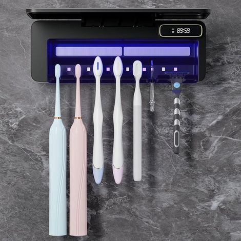 Zahnbürsten-Desinfektionsgerät – UV-Sterilisator mit 5 Bürstenhaltern und 1 Steckplatz – Wandmontage mit Trocknungs- und Timerfunktion – 2000 mAh