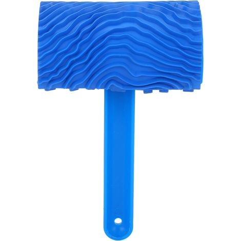 Blaue Gummifarbrolle mit Holzoptik und Griff, DIY-Werkzeug zur Wanddekoration.