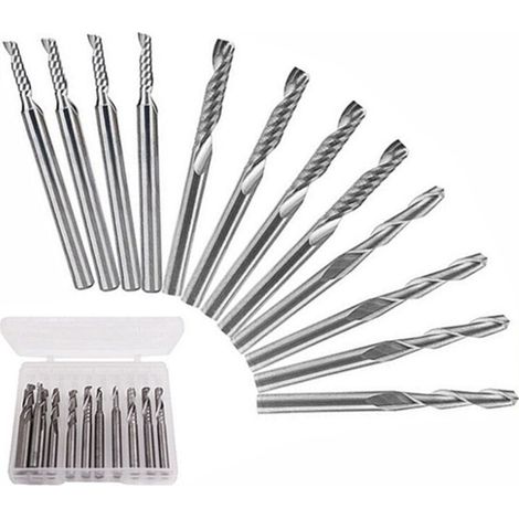Set mit 12 Hartmetallfräsern, darunter 4 doppelseitige Fräser (3,2 mm/1/8 Zoll) und 8 einseitige Fräser mit einfacher Spirale (2 Ausführungen), für Nylon, Harz, ABS, Acryl und PVC.