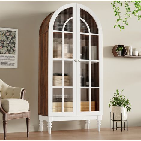 Credenza alta con ante in vetro e design ad arco, mobile contenitore per cucina e soggiorno, struttura in metallo e MDF, bianco e marrone (1/5)