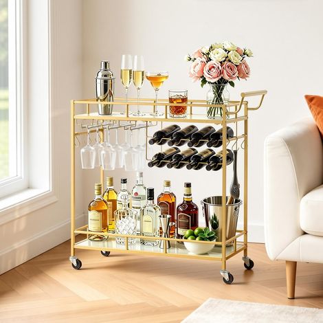Desserte Bar, Chariot de Service à 2 Niveaux, pour Rangement Vins Ustensiles Cuisine Salon, Bar Roulant avec Plateau en Verre Miroir, Range-Bouteilles et Porte-Verres, Chariot à Boissons Doré (1/5)
