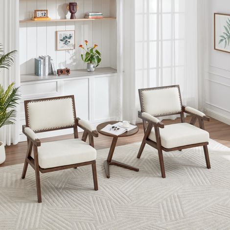 Sessel mit Holzgestell und Polsterung, 66,5 x 66 x 88 cm, Mid-Century-Stil, Leinenbeige