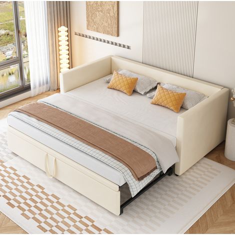 Schlafsofa Polsterstoff Beige 90x200/180x200 cm, ausziehbar, inklusive Lattenroste (1/5)