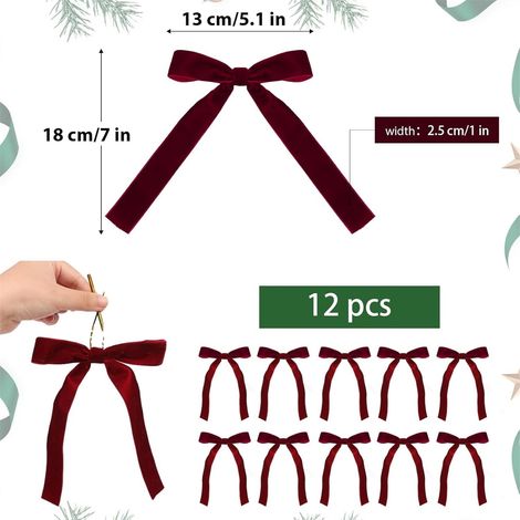 Ribbon Bow - Velours Rouge Vin - 5x7 Pouces - Pour Décoration De Sapin De Noël Et Guirlandes - Lot De 6 (1/4)