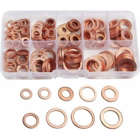 200pcs Round Flat Copper Ring Metric Round Gasket Assortment Box 9 Sizes M5-M14 With Box Oil Sump Plug Gasket Tool Accessories (1/5)