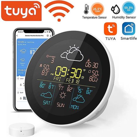 Station météo intelligente Tuya WiFi avec horloge, prévisions 3 jours, thermomètre et hygromètre sans fil