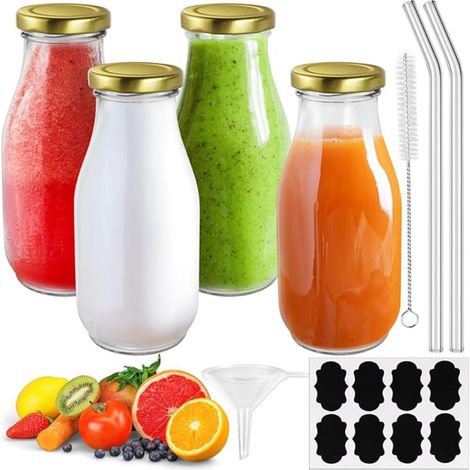 Glass Bottles with Metal Cap Small Bottle Straw Labels Funnel Fruit Juice Milk Yogurt Smoothie Reusable Empty (1/5)